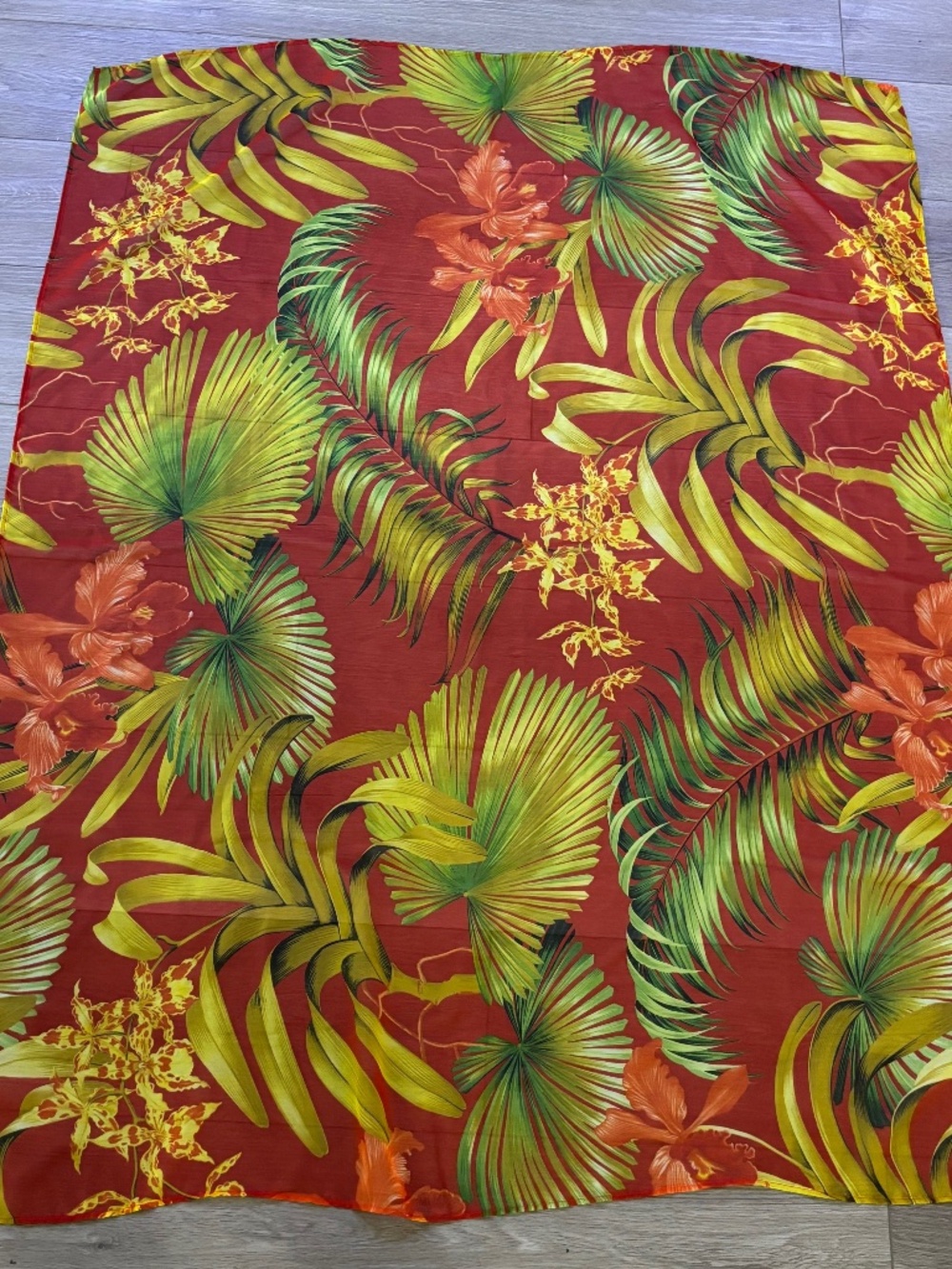 Vintage Anne Klein Large Rectangular Scarf Red Yellow Green Tropical Print Sheer